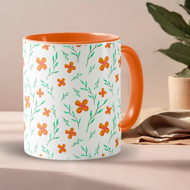 Orangefarbenes Blume- und Twigs-Wasserfarbmuster Tasse (Von Creator hochgeladen)