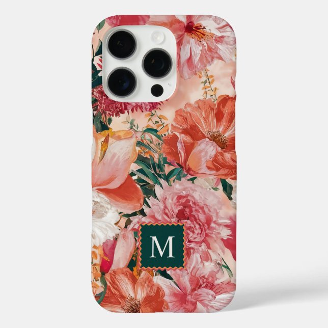 Orangefarbenes Blumenmuster Monogramm Case-Mate iPhone Hülle (Rückseite)