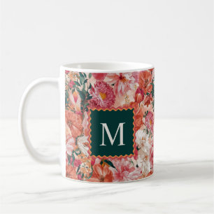 Orangefarbenes Blumenmuster Monogramm Kaffeetasse
