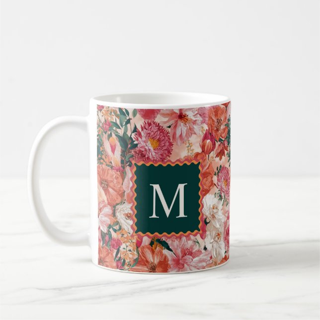 Orangefarbenes Blumenmuster Monogramm Kaffeetasse (Links)