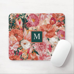 Orangefarbenes Blumenmuster Monogramm Mousepad
