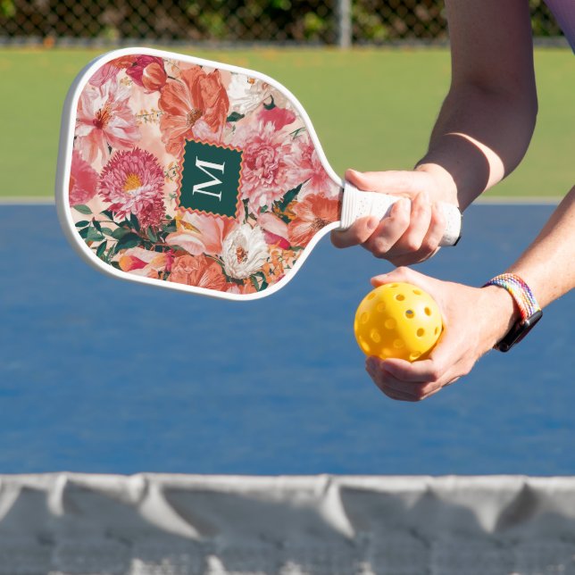 Orangefarbenes Blumenmuster Monogramm Pickleball Schläger (InSitu)