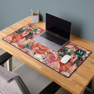 Orangefarbenes Blumenmuster Monogramm Schreibtischunterlage