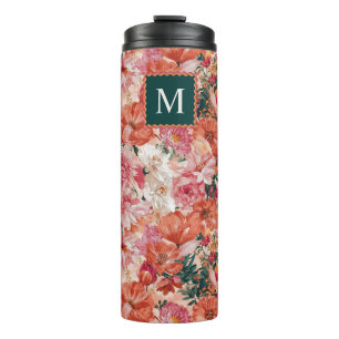 Orangefarbenes Blumenmuster Monogramm Thermosbecher