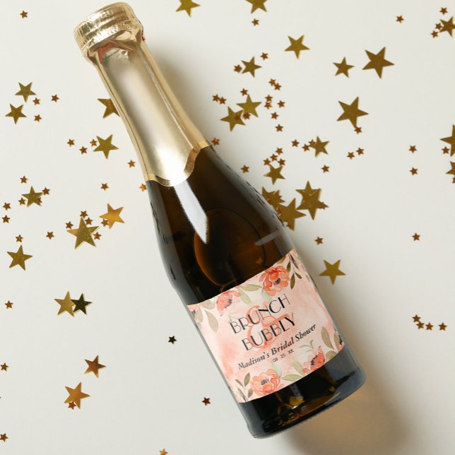 Orangefarbenes Brautparty Mini (Watercolor orange floral bridal shower mini sparkling wine bottle labels)