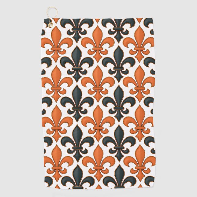 Orangefarbenes Fleur-de-lis-Muster Golfhandtuch (Vorderseite)