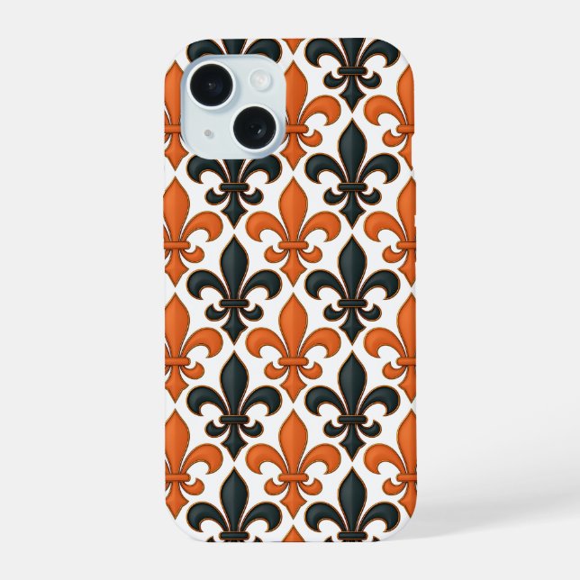 Orangefarbenes Fleur-de-lis-Muster iPhone 15 Hülle (Rückseite)