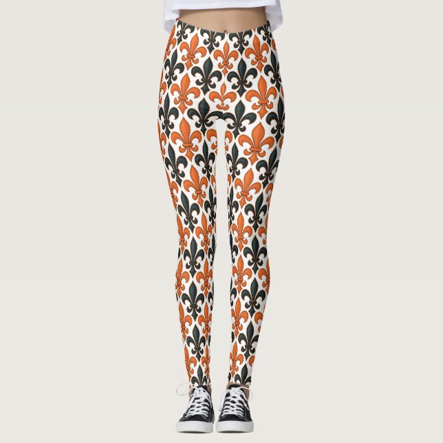 Orangefarbenes Fleur-de-lis-Muster Leggings (Vorderseite)