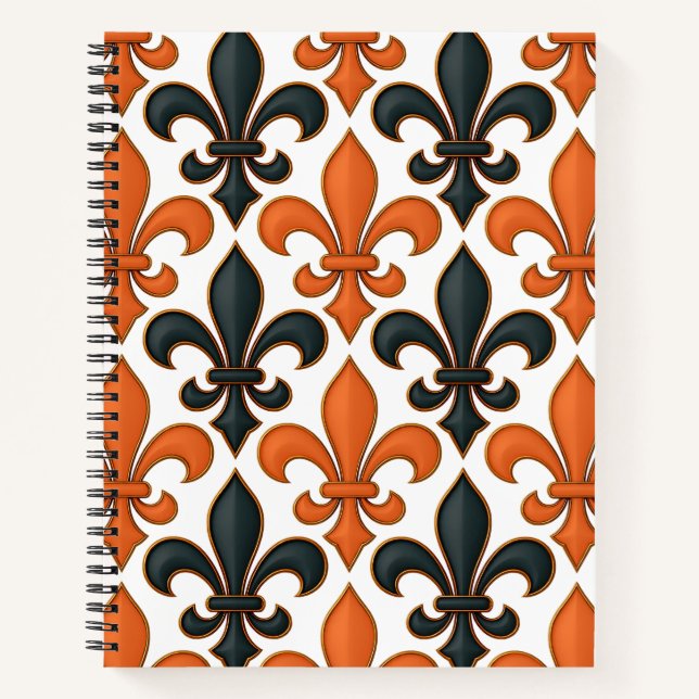 Orangefarbenes Fleur-de-lis-Muster Notizbuch (Vorderseite)
