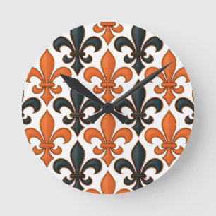 Orangefarbenes Fleur-de-lis-Muster Runde Wanduhr