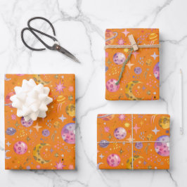 Orangefarbenes Geschenk für Kinder im Weltraum Geschenkpapier Set
