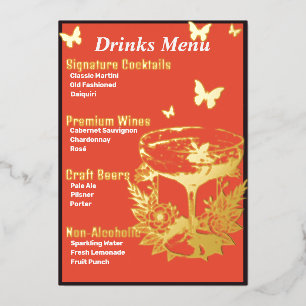 Orangefarbenes, goldverziertes Getränkemenü Folien Feiertagskarte