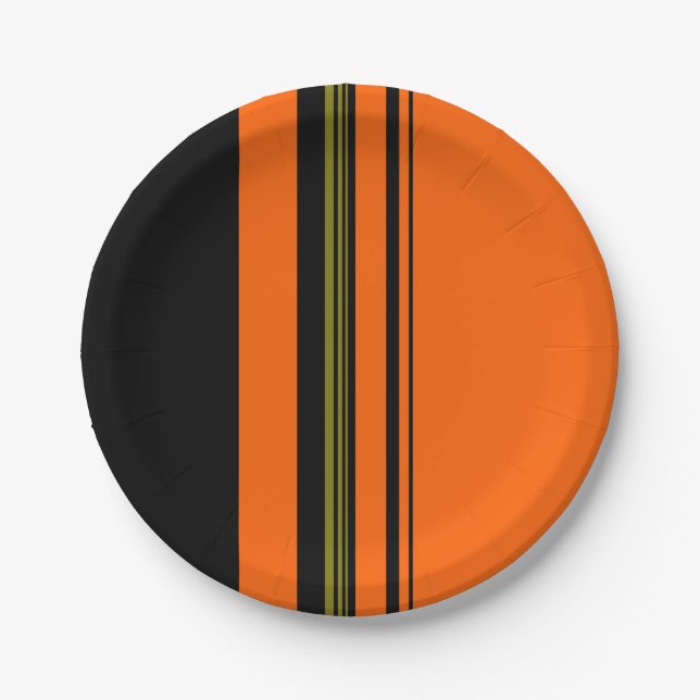 Orangefarbenes, grün gestreiftes Muster Pappteller (Vorderseite)