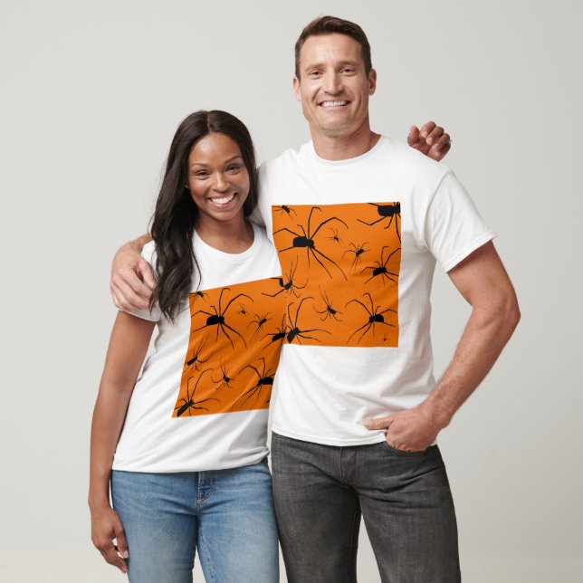 Orangefarbenes Halloween-Muster, Schwarze Spider T-Shirt (Unisex)