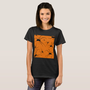 Orangefarbenes Halloween-Muster, Schwarze Spider T T-Shirt