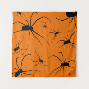 Orangefarbenes Halloween-Muster, Schwarze Spider Wandteppich