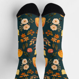 Orangefarbenes Herbstmuster auf tiefes Farngrün Socken