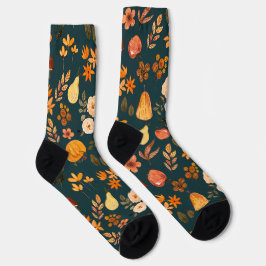 Orangefarbenes Herbstmuster auf tiefes Farngrün Socken