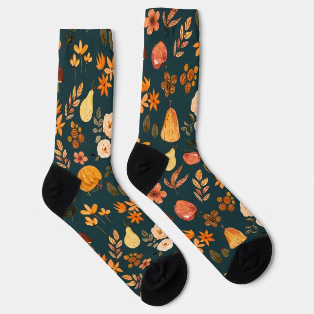 Orangefarbenes Herbstmuster auf tiefes Farngrün Socken (Rechts)