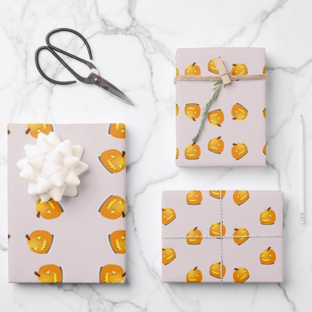 Orangefarbenes Kürbiskopfmuster Geschenkpapier Set (Vorderseite)