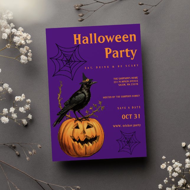 Orangefarbenes lila Jack Halloween-Party Einladung (Orange purple bird jack lantern Halloween Party)