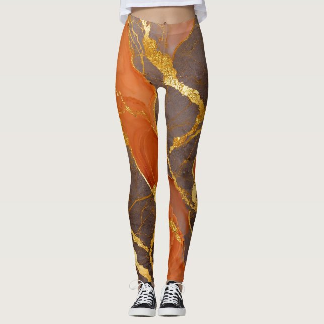 Orangefarbenes Muster mit Gold Leggings (Vorderseite)