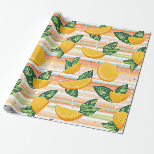 Orangefarbenes Muster mit grünen Blätter auf Paste Geschenkpapier