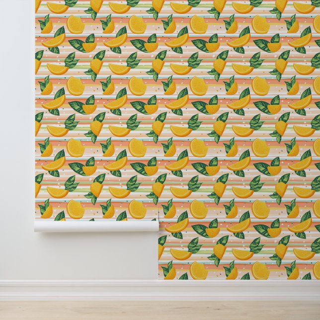 Orangefarbenes Muster mit grünen Blätter auf Paste Tapete (Anwendung)