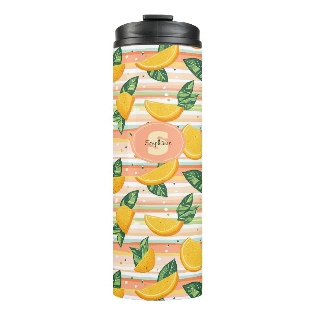 Orangefarbenes Muster mit grünen Blätter auf Paste Thermosbecher (Vorderseite)
