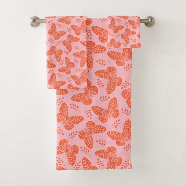 Orangefarbenes Schmetterlingsmuster im rosa Hinter Badhandtuch Set (Insitu)
