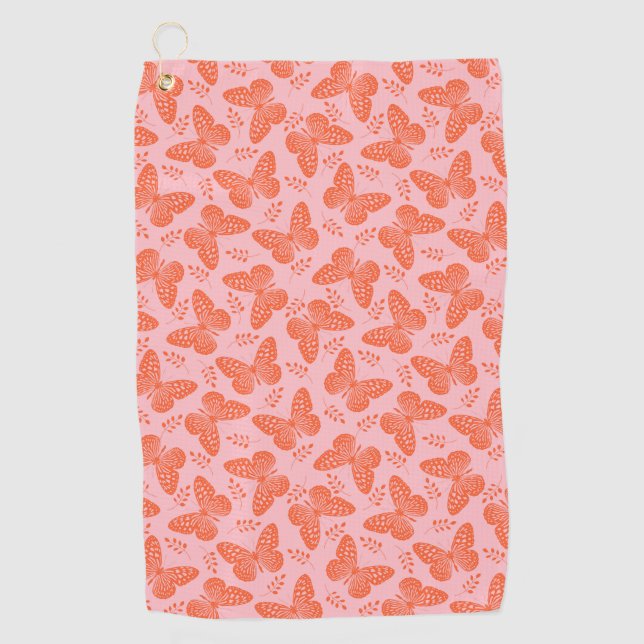 Orangefarbenes Schmetterlingsmuster im rosa Hinter Golfhandtuch (Vorderseite)