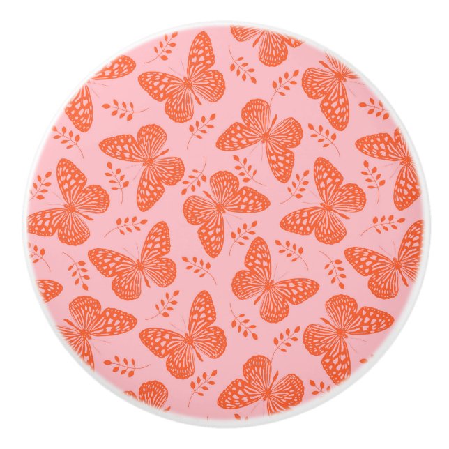 Orangefarbenes Schmetterlingsmuster im rosa Hinter Keramikknauf (Vorderseite)