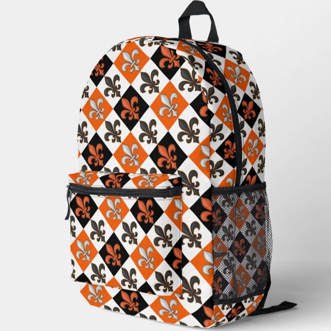 Orangefarbenes Schwarz-weißes Fleur-de-lis-Design Bedruckter Rucksack (Von Creator hochgeladen)
