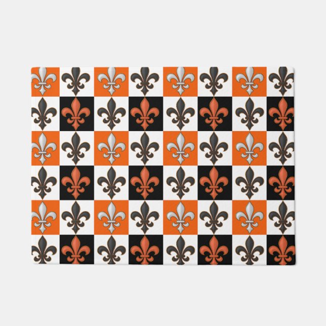 Orangefarbenes Schwarz-weißes Fleur-de-lis-Design Fußmatte (Vorderseite)