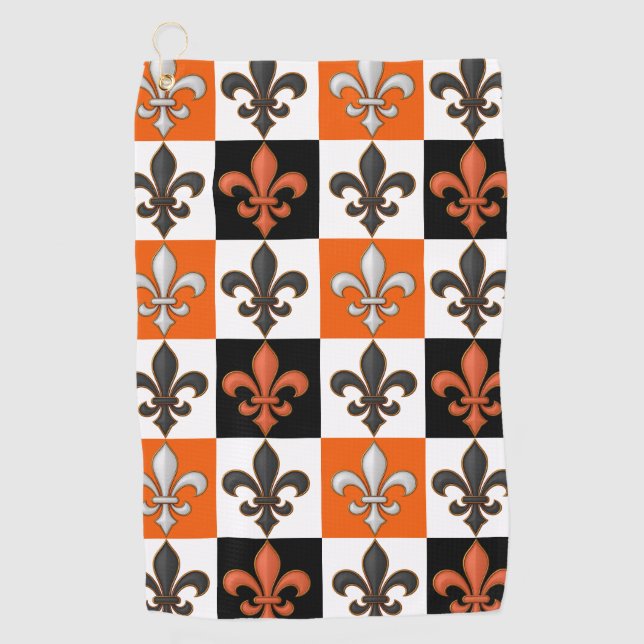 Orangefarbenes Schwarz-weißes Fleur-de-lis-Design Golfhandtuch (Vorderseite)