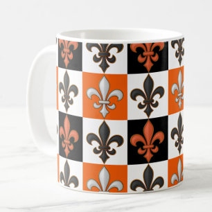 Orangefarbenes Schwarz-weißes Fleur-de-lis-Design Kaffeetasse