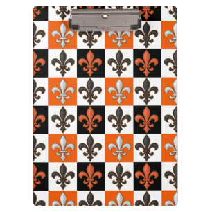 Orangefarbenes Schwarz-weißes Fleur-de-lis-Design Klemmbrett