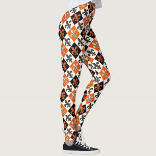 Orangefarbenes Schwarz-weißes Fleur-de-lis-Design Leggings