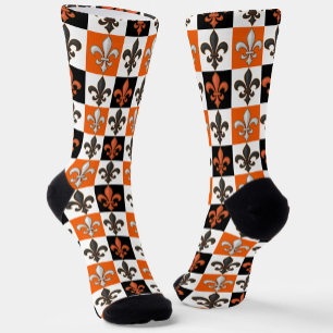 Orangefarbenes Schwarz-weißes Fleur-de-lis-Design Socken