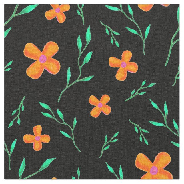 Orangefarbenes Schwarzes Blume Blumenmuster Stoff (Nahaufnahme)
