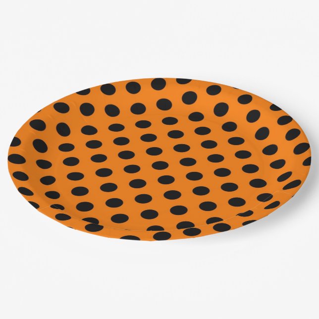 Orangefarbenes Schwarzes Polka-Dot-Party Pappteller (Schrägansicht)