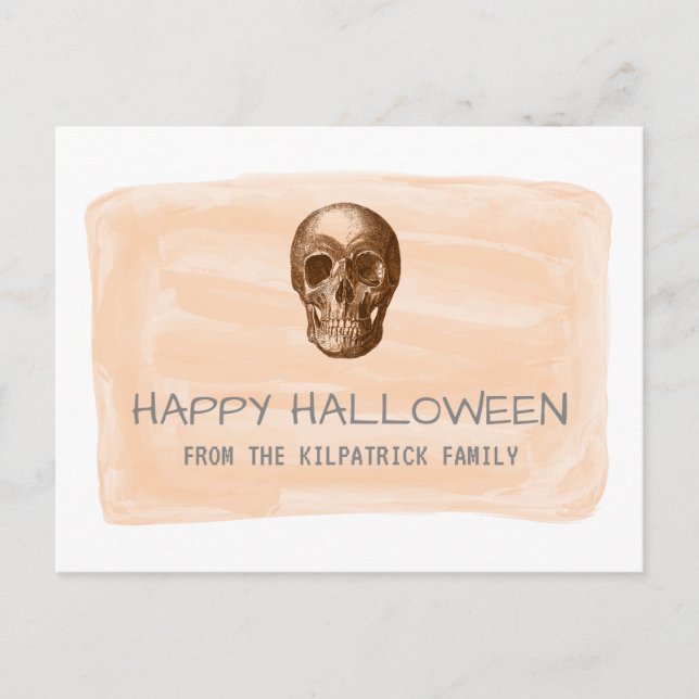 Orangefarbenes Skull Halloween Postkarte (Vorderseite)
