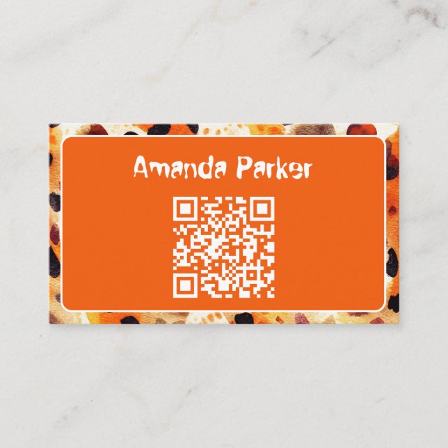 Orangefarbenes Tierdruck-QR-Code-Geschäftskarte Visitenkarte (Vorderseite)