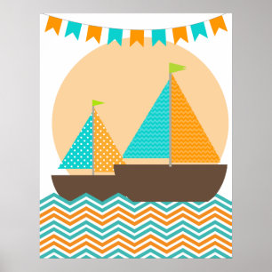 Orangefarbenes und Aquamarines Nauschiff Kinderzim Poster