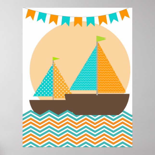 Orangefarbenes und Aquamarines Nauschiff Kinderzim Poster (Vorne)