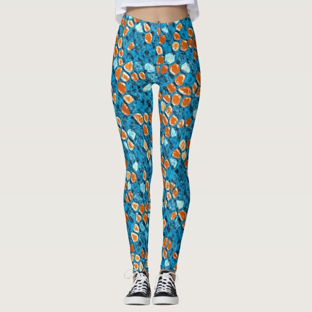 Orangefarbenes und blaues Muster Leggings (Vorderseite)