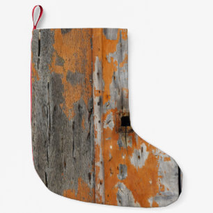 Orangefarbenes und braunes Holzbrett Kleiner Weihnachtsstrumpf