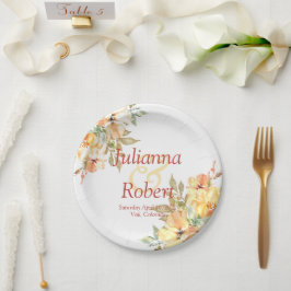 Orangefarbenes und gelbes Hochzeitspapier Pappteller