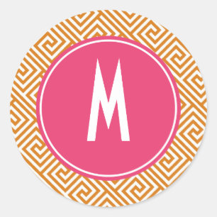 Orangefarbenes und Hot-Pink-griechisches Schlüssel Runder Aufkleber