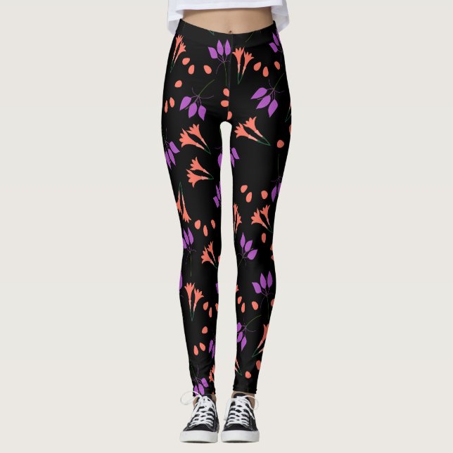 Orangefarbenes und lila Blumenmuster Leggings (Vorderseite)